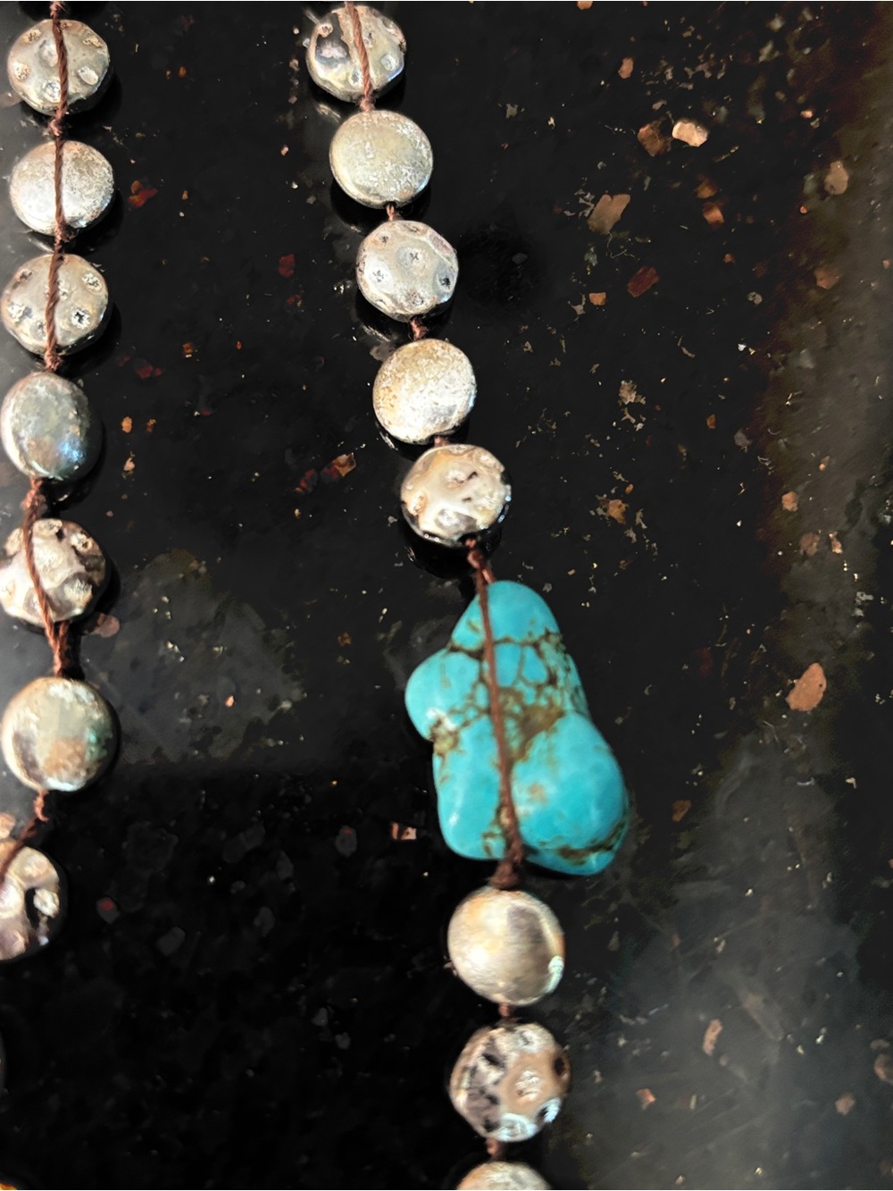 Lucky Brand Hammered Silver Disc Bead Corded Necklace with Turquoise Nugget 36” - Picture 7 of 9